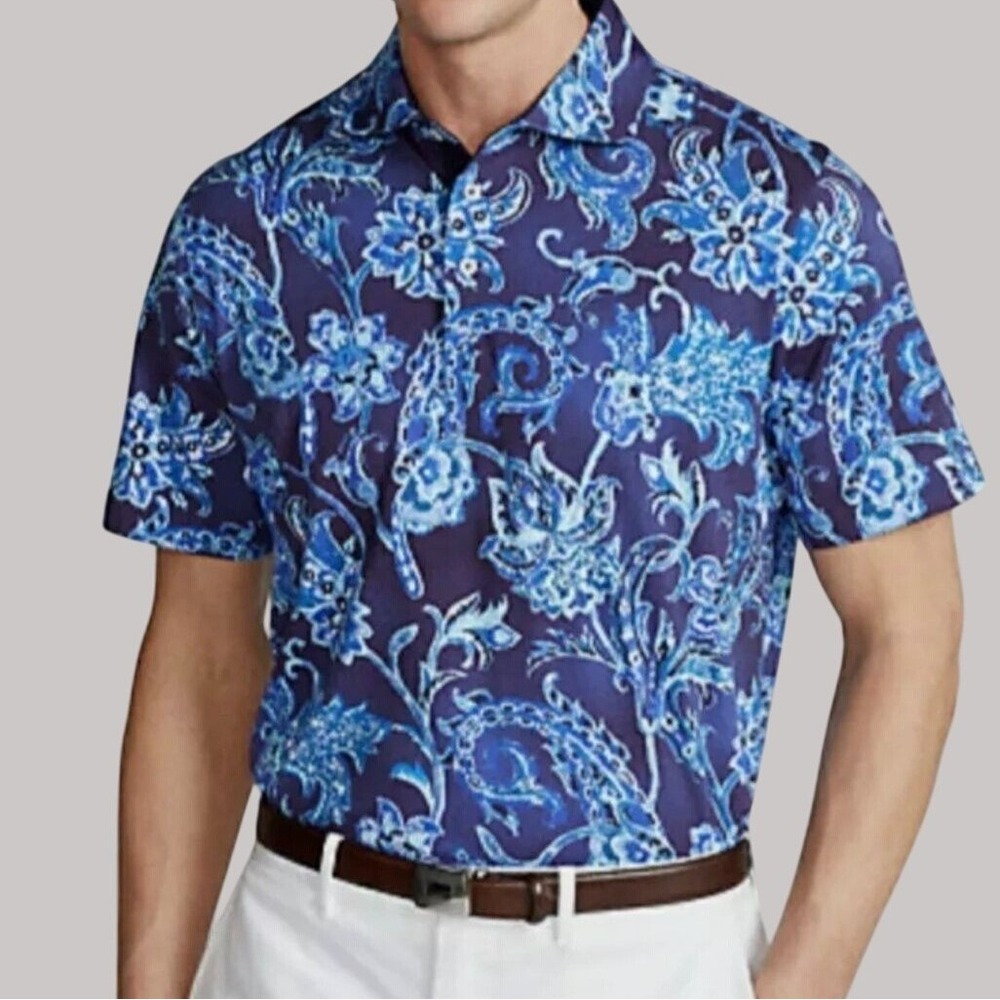 Ralph Lauren Polo Golf Shirt Mens Size XL Blue Paisley Pima Cotton Preppy Casual